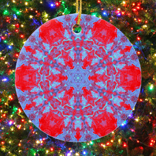 Psychedelic Hippie Snowflake Blue and Red Ceramic Ornament