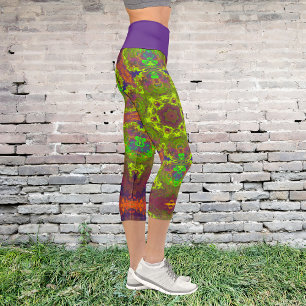 Psychedelic Hippie Yellow Orange and Purple Leggin Capri Leggings