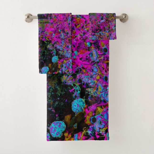 Psychedelic Hot Pink and Black Garden Sunrise Bath Towel Set (Insitu)