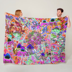 Psychedelic Hot Pink and Lime Green Garden Flowers Fleece Blanket