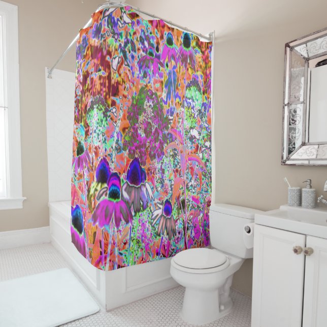 Psychedelic Hot Pink and Lime Green Garden Flowers Shower Curtain (In Situ)