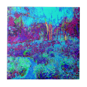 Psychedelic Impressionistic Blue Garden Landscape Ceramic Tile