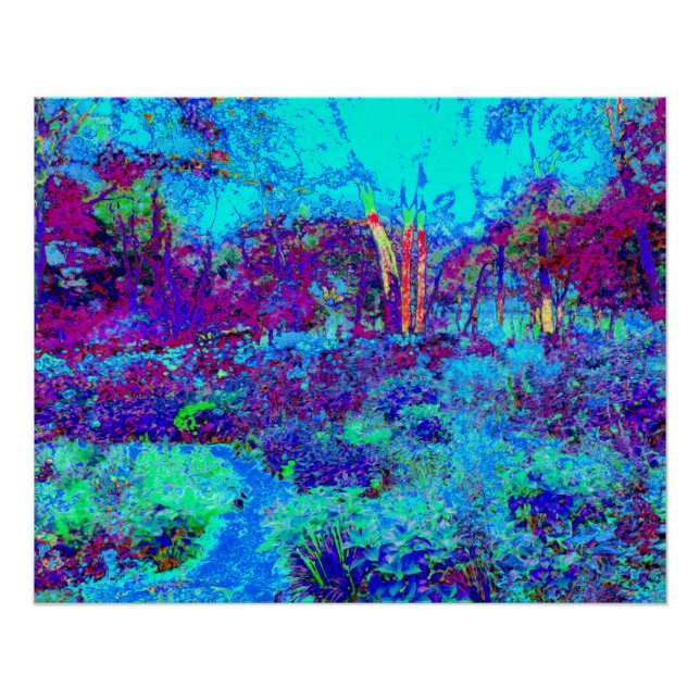 Psychedelic Impressionistic Blue Garden Landscape Poster (Front)