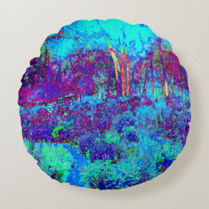 Psychedelic Impressionistic Blue Garden Landscape Round Cushion