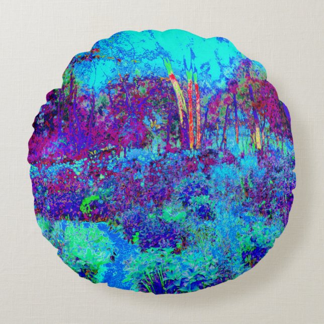 Psychedelic Impressionistic Blue Garden Landscape Round Cushion (Front)