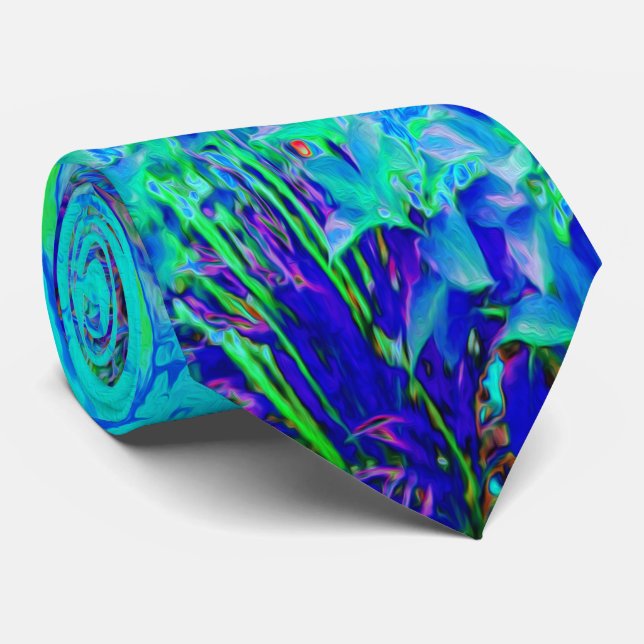 Psychedelic Impressionistic Blue Garden Landscape Tie (Rolled)