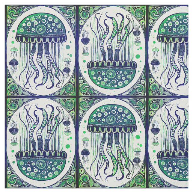 Psychedelic Jellyfish Art Nouveau Style  Fabric (Swatch)