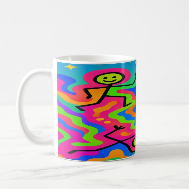 Psychedelic Joy – Dancing Stick Figure Rainbow Mug (Left)
