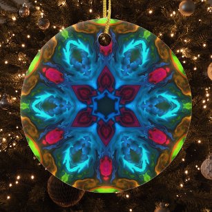 Psychedelic Kaleidoscope Blue Pink and Green Ceramic Ornament