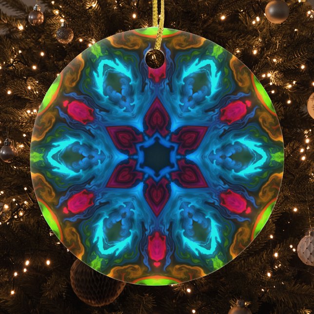 Psychedelic Kaleidoscope Blue Pink and Green Ceramic Ornament (Creator Uploaded)