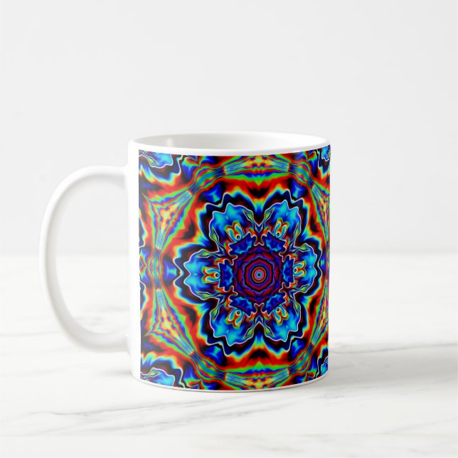 Psychedelic Kaleidoscope Blue Red and Green Coffee Mug (Left)