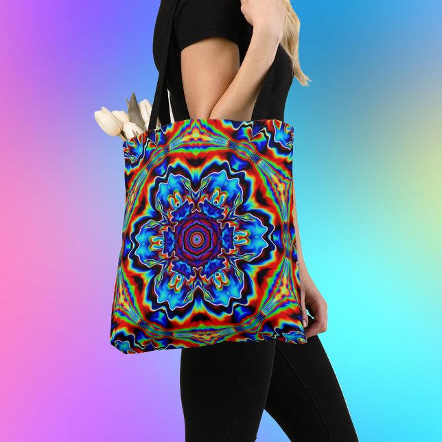 Psychedelic Kaleidoscope Blue Red and Green Tote Bag (Creator Uploaded)