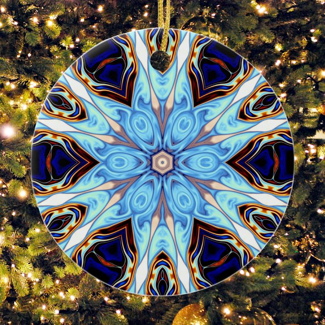 Psychedelic Kaleidoscope Flower Blue and Orange Ceramic Ornament (Creator Uploaded)