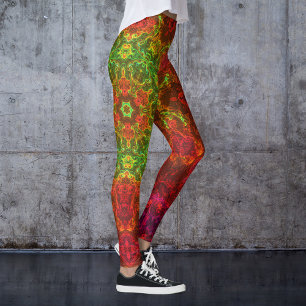Psychedelic Kaleidoscope Flower Green and Red Leggings
