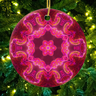 Psychedelic Kaleidoscope Flower Pink Red and Green Ceramic Ornament