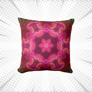 Psychedelic Kaleidoscope Flower Pink Red and Green Cushion