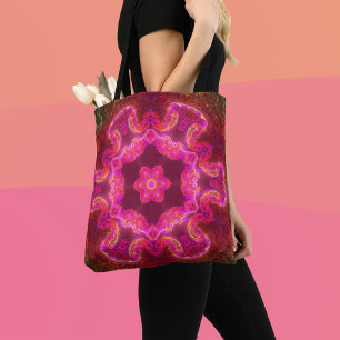 Psychedelic Kaleidoscope Flower Pink Red and Green Tote Bag