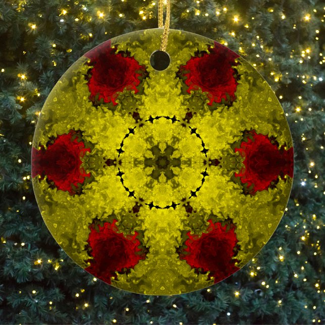 Psychedelic Kaleidoscope Flower Red and Yellow Ceramic Ornament (Creator Uploaded)