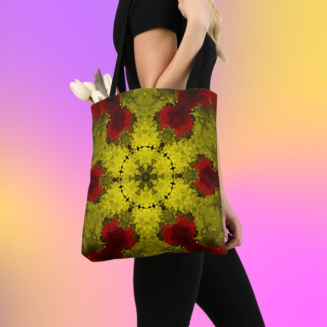 Psychedelic Kaleidoscope Flower Red and Yellow Tote Bag (Creator Uploaded)