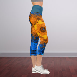 Psychedelic Kaleidoscope Flower Yellow and Blue Le Capri Leggings