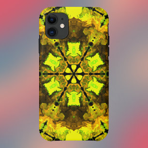 Psychedelic Kaleidoscope Flower Yellow and Green iPhone 11 Case