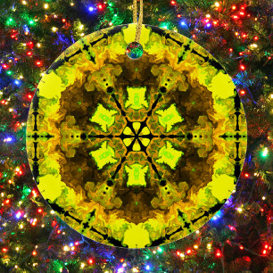 Psychedelic Kaleidoscope Flower Yellow and Green Ceramic Ornament