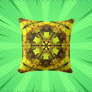 Psychedelic Kaleidoscope Flower Yellow and Green Cushion