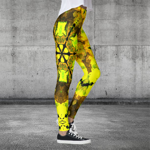 Psychedelic Kaleidoscope Flower Yellow and Green Leggings