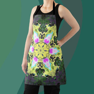 Psychedelic Kaleidoscope Flower Yellow and Pink Apron