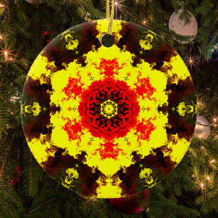 Psychedelic Kaleidoscope Flower Yellow and Red Ceramic Ornament