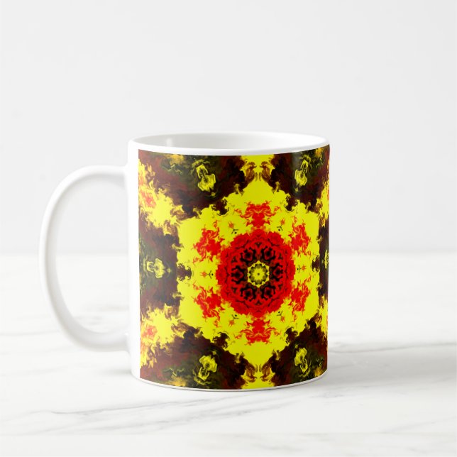 Psychedelic Kaleidoscope Flower Yellow and Red Coffee Mug (Left)