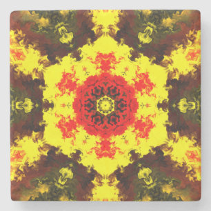 Psychedelic Kaleidoscope Flower Yellow and Red Stone Coaster