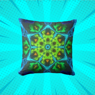 Psychedelic Kaleidoscope Green Blue and Orange Cushion