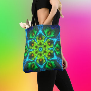 Psychedelic Kaleidoscope Green Blue and Orange Tote Bag
