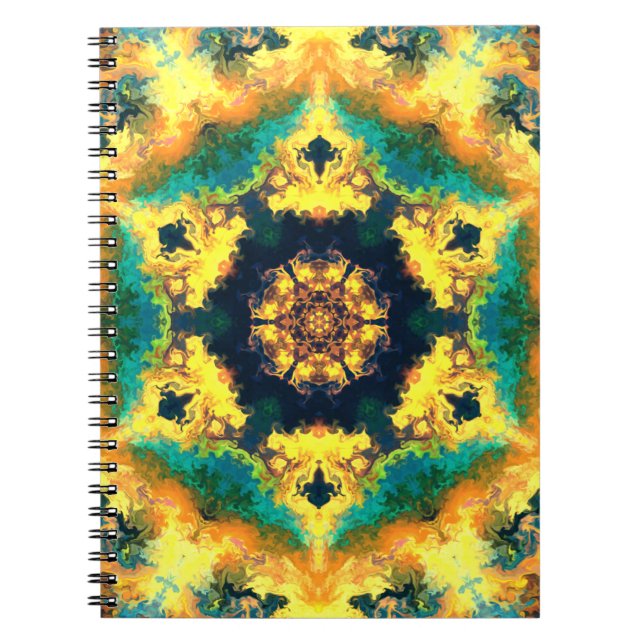 Psychedelic Kaleidoscope Yellow Blue and Green Notebook (Front)