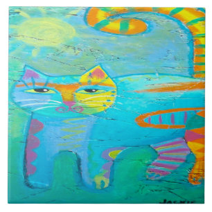 Psychedelic Kitty Abstract Cat Painting Ceramic Tile