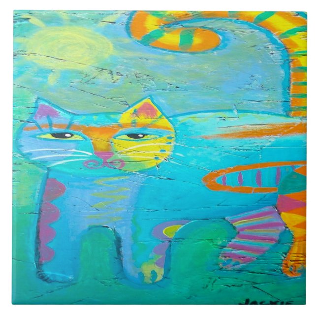 Psychedelic Kitty Abstract Cat Painting Ceramic Tile (Front)