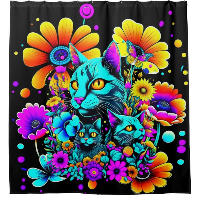 Psychedelic Kitty Cat Shower Curtain (Front)