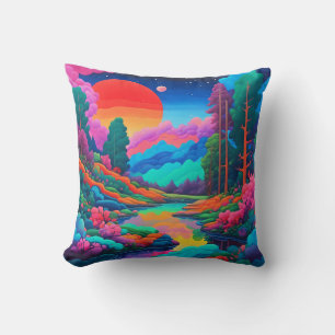 Psychedelic landscape pink green art cushion
