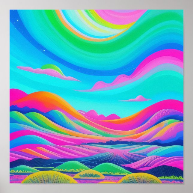 Psychedelic Landscape Pink Green Art  Poster (Front)