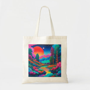 Psychedelic landscape pink green art  tote bag