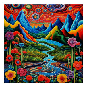 Psychedelic landscape with river 2 poster