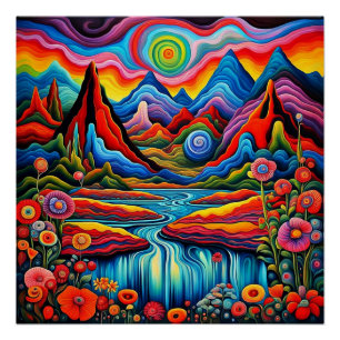 Psychedelic  landscape with river 4 poster