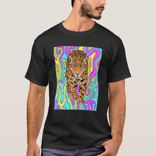 Psychedelic Large Cat Jaguar Rippy Jungle Animal P T-Shirt (Front)