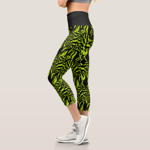 Psychedelic Lime Green and Black pattern Capri Leggings