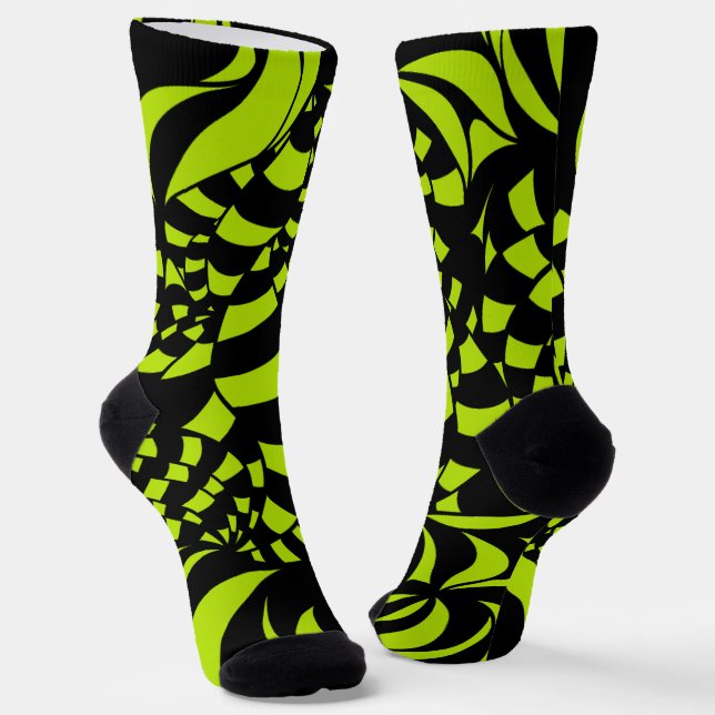 Psychedelic Lime Green and Black pattern Socks (Angled)