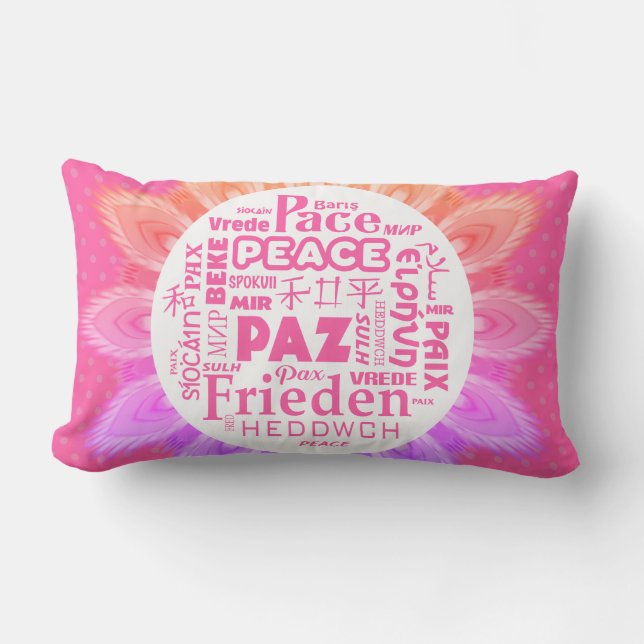 Psychedelic Lumbar pillow/peace in multi-languages Cushion (Front)