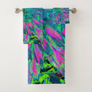 Psychedelic Magenta Aqua and Lime Green Dahlia Bath Towel Set