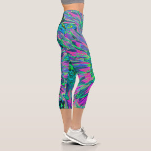 Psychedelic Magenta Aqua and Lime Green Dahlia Capri Leggings