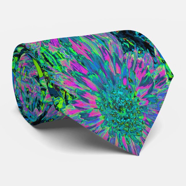Psychedelic Magenta, Aqua and Lime Green Dahlia Tie (Rolled)
